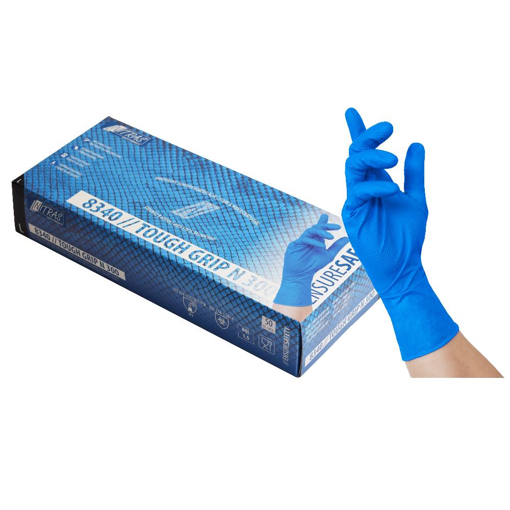 Ab 10 Boxen, Nitras 8340 Tough Grip N300 Einmalhandschuhe blau, 50 Stk./Spenderbox (1 Box ab 12,75€)